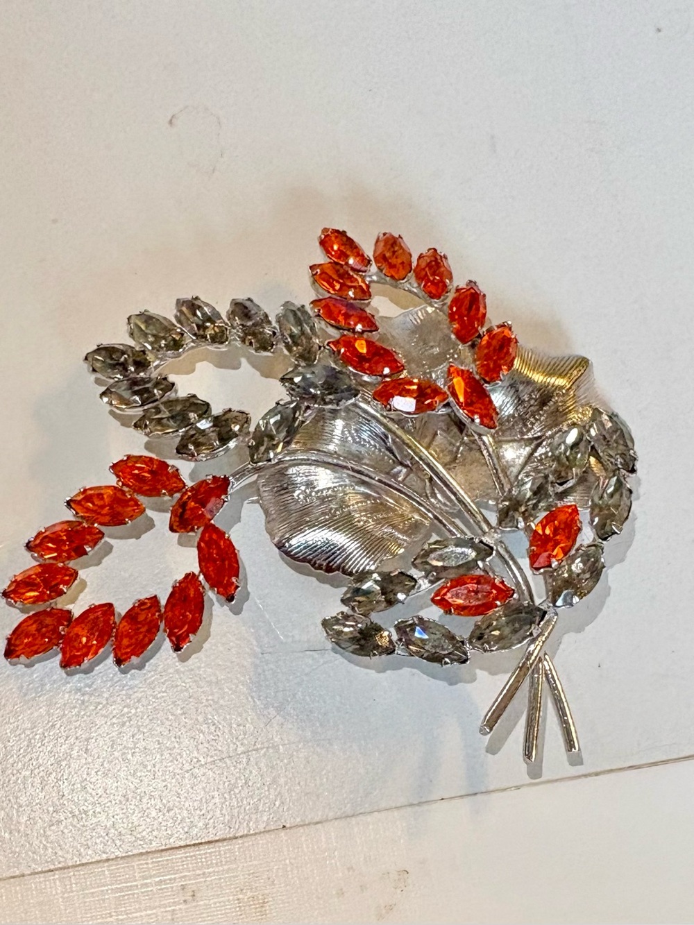 Vintage Bond Boyd Orange and Silver Crystal Leaf Brooch - Women Accessories